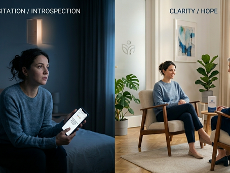 O femeie care caută online „Cum pot programa o ședință de psihoterapie în București?” și apoi participă la o sesiune de psihoterapie cognitiv-comportamentală în București, redescoperind claritatea și speranța alături de un psiholog.