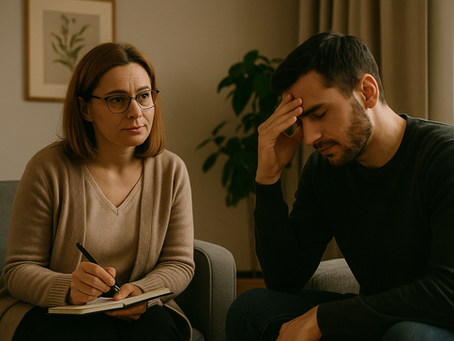A psychologist and a sad man talking