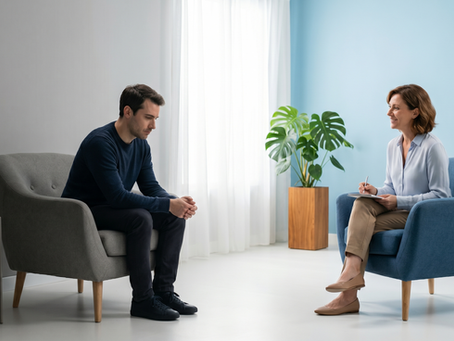 Terapie psihologică la Clinica Blue din București: un pacient tânăr într-un fotoliu gri, cu o expresie contemplativă, discută cu un terapeut zâmbitor într-un fotoliu albastru. Cabinetul este luminos, modern, cu pereți gri deschis și albastru, o plantă de Monstera mare și un poster cu logo-ul Clinica Blue, ilustrând o tranziție psihologică de la epuizare la speranță.