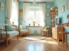 Eye-level view of a cozy therapy room with child-friendly decorations