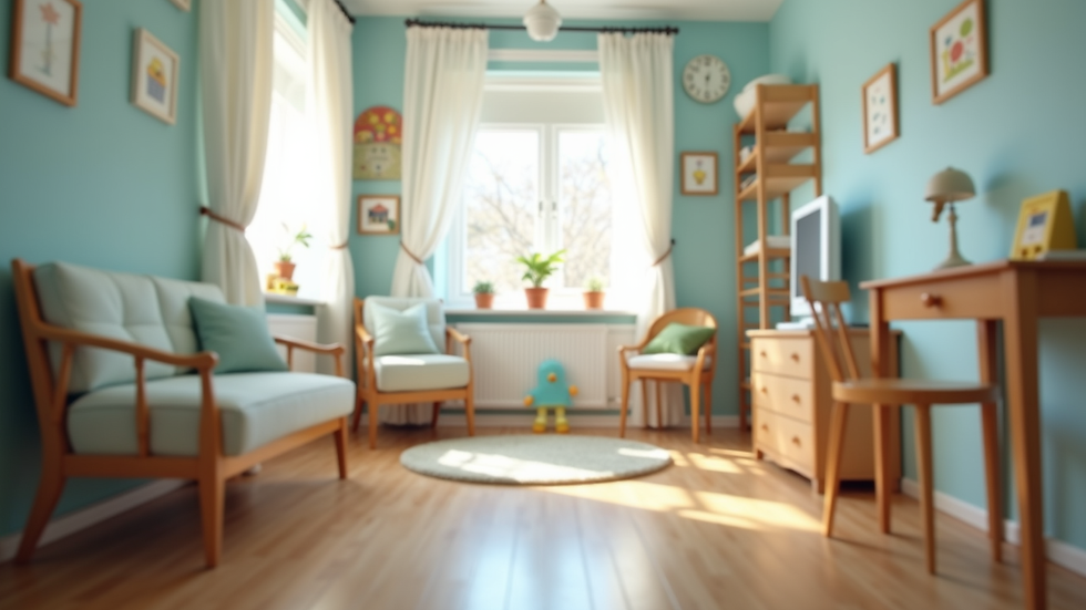 Eye-level view of a cozy therapy room with child-friendly decorations