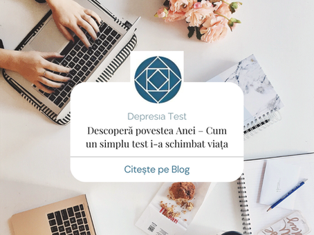 Femeie care lucrează la laptop, cu flori și caiete pe birou, ilustrând articolul despre depresia test și povestea Anei care a descoperit echilibrul emoțional printr-un simplu test online.”