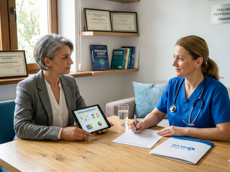 Psiholog clinician de 50 de ani oferind consultanță unei asistente medicale în cadrul unei evaluări psihologice OAMMR la Clinica Blue. Pe masa de lemn se află o mapă cu logoul Clinica Blue, un chestionar și o tabletă cu grafice psihometrice, într-un cabinet modern cu diplome pe perete.