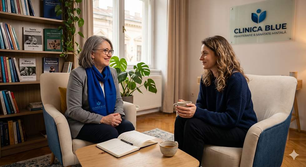 O pacientă și un psihoterapeut discutând empatic într-un cabinet modern al Clinicii Blue. Pe fundal se observă o bibliotecă cu cărți despre teoria atașamentului de John Bowlby și Mary Ainsworth, simbolizând suportul științific și siguranța emoțională oferite în terapie.