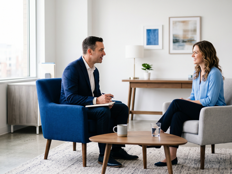 Sesiune de coaching profesional într-un cabinet modern Clinica Blue, ilustrând o discuție calmă și asertivă între un specialist și o clientă.