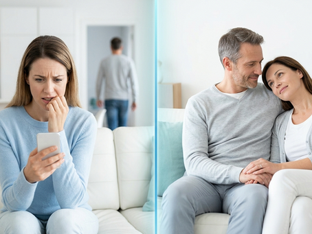 Comparație vizuală între atașamentul anxios și cel sigur: în stânga, o femeie îngrijorată verifică telefonul în timp ce partenerul se îndepărtează; în dreapta, un cuplu relaxat oferindu-și sprijin emoțional, în culorile Clinica Blue.