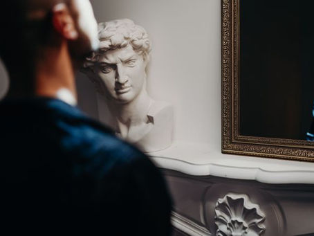 Bărbat în prim-plan, văzut din spate, privește un bust alb clasic lângă o oglindă aurie, într-un interior elegant.