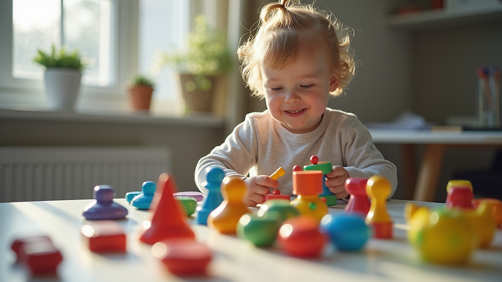 Close-up view of a child playing with colorful therapy toys in a psychologist's office