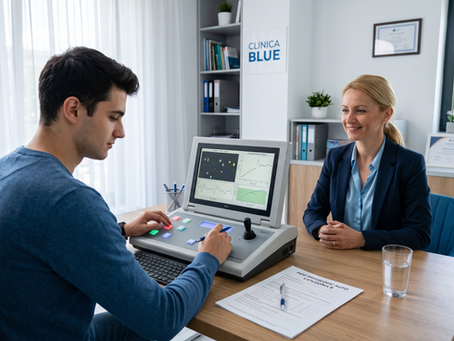 Tânăr în timpul unei evaluări pentru testul psihologic auto categoria B, utilizând un aparat special de testare cognitivă, asistat de o psihologă în ținută casual în cabinetul Clinica Blue din București.