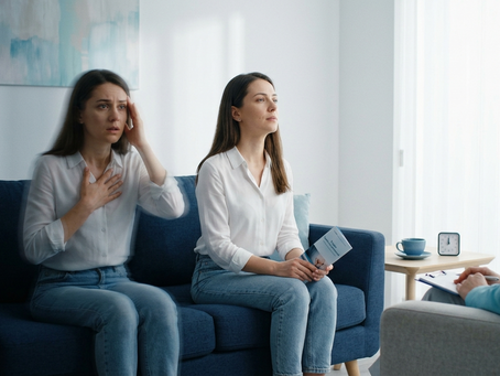 Pacientă în timpul unei ședințe de psihoterapie cognitiv-comportamentală discutând despre anxietate și atacuri de panică cu un psiholog într-un cabinet de psihologie.