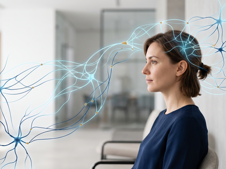 O persoană în profil înconjurată de rețele neuronale fluorescente albastre – cum funcționează creierul și mașina de predicție | Clinica Blue