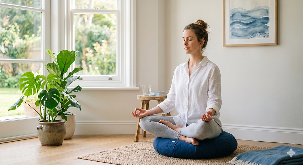 Femeie practicând meditația mindfulness pe o pernă albastră într-o cameră luminoasă, ilustrând beneficiile psihoterapiei și ale igienei cerebrale oferite de Clinica Blue pentru gestionarea anxietății.
