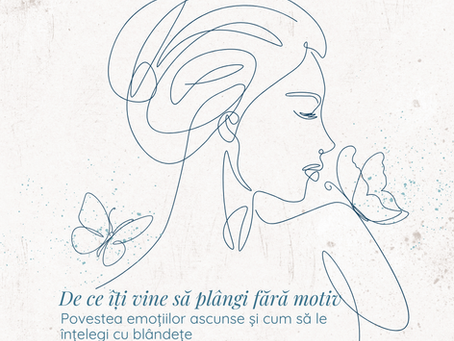 Ilustrație minimalistă a unei femei cu fluturi, simbolizând eliberarea emoțiilor și procesul de vindecare interioară. Text: „De ce îți vine să plângi fără motiv – povestea emoțiilor ascunse și cum să le înțelegi cu blândețe”.