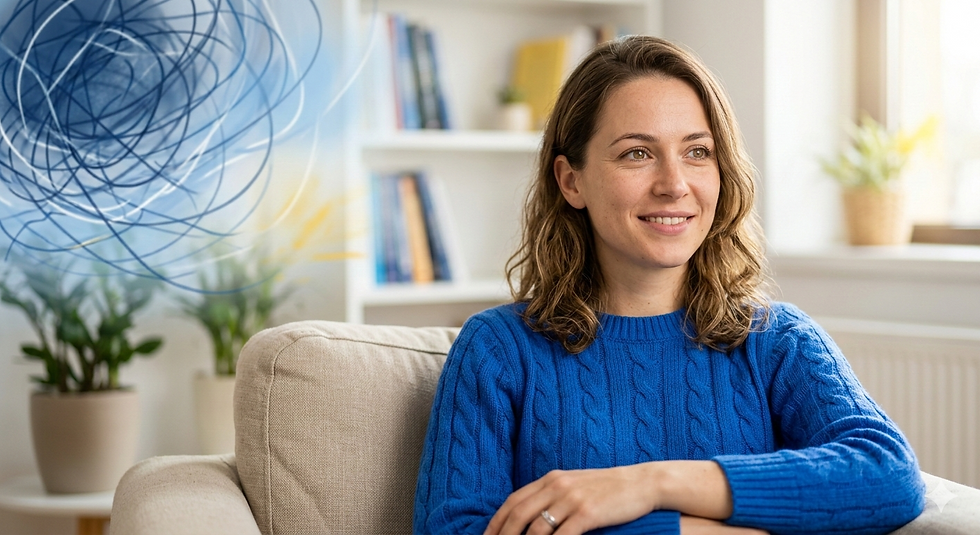 Femeie zâmbitoare, relaxată, stând pe canapea după ședințele de psihoterapie cognitiv-comportamentală, simbolizând vindecarea emoțională și echilibrul interior pentru cei care trăiesc cu anxietate.