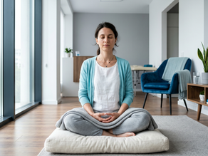 Femeie practicând exerciții de meditație pentru începători într-un cabinet luminos de psihoterapie la Clinica Blue, redusă vizual în nuanțe de albastru și cyan.