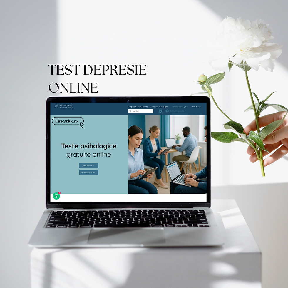 O femeie tânără completează un test de depresie online pe laptop, într-o cameră luminoasă cu tonuri albastre, reprezentând evaluarea emoțională oferită de Clinica Blue.