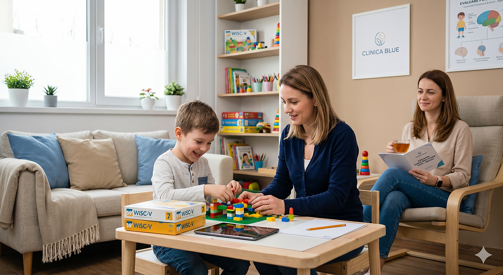 O psiholoagă blândă de la Clinica Blue realizează o evaluare psihologică pentru un copii, folosind jocul cu piese lego și teste standardizate precum WISC-V, în timp ce mama privește liniștită din fundal.