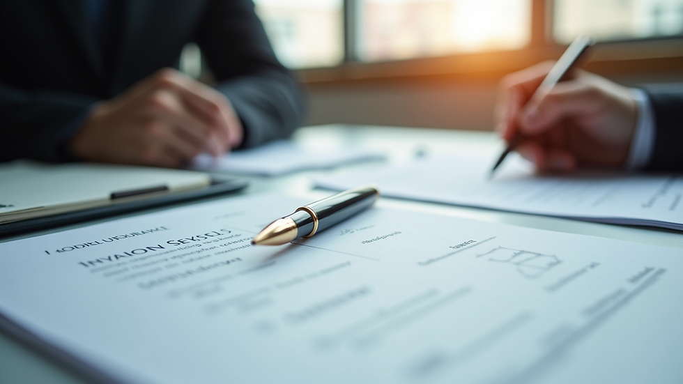 Eye-level view of a legal office desk with documents and a pen