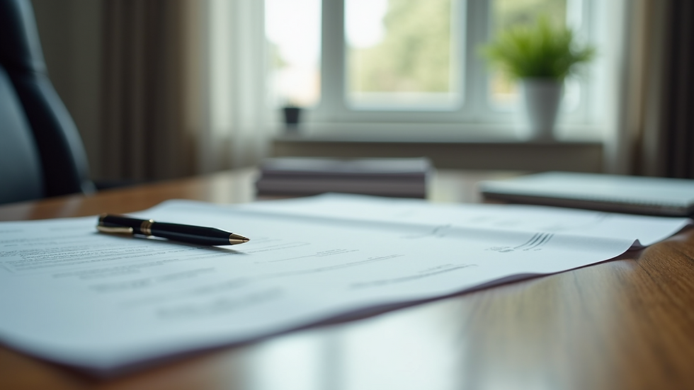 Eye-level view of a legal office desk with property documents and a pen