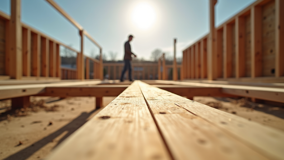 Eye-level view of wooden deck frame under construction