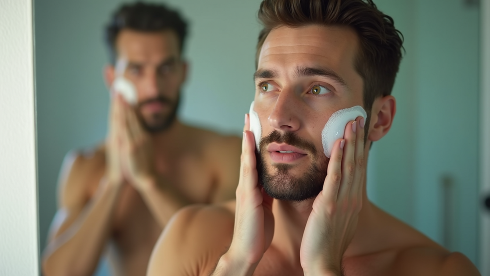 Eye-level view of a man applying moisturizer in front of a bathroom mirror