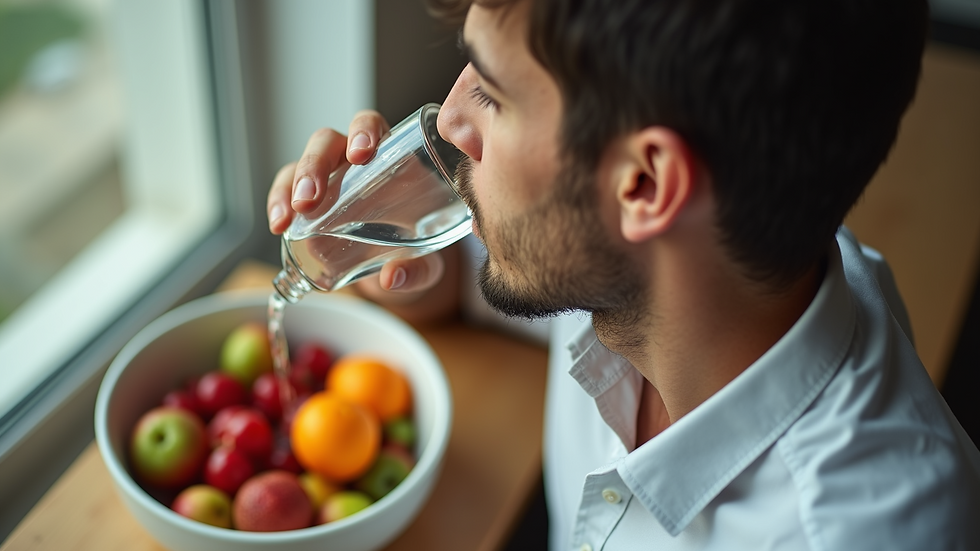 High angle view of a man drinking water next to a bowl of fresh fruits