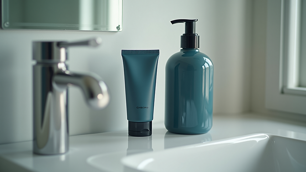 Close-up view of men's skincare products on a bathroom shelf