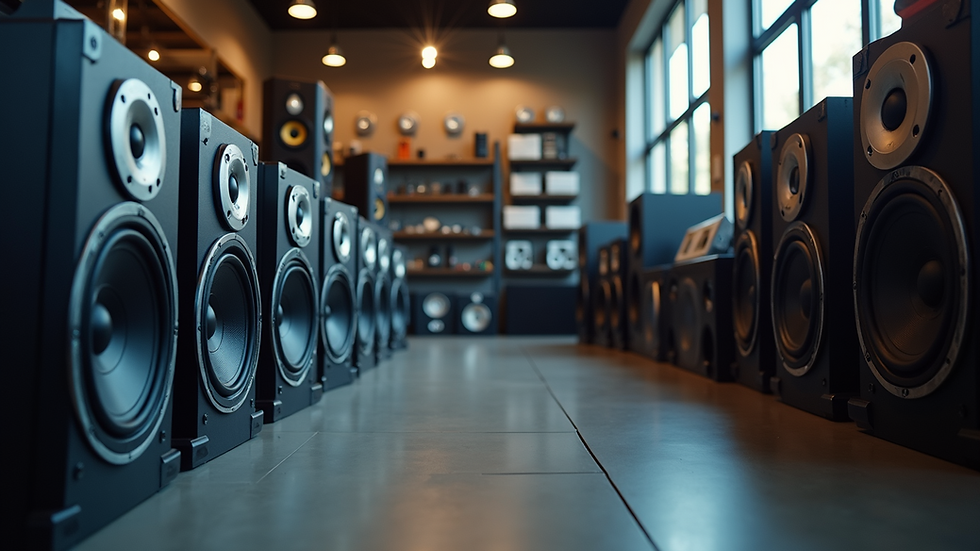 Eye-level view of a car audio shop showroom with various speakers and audio equipment
