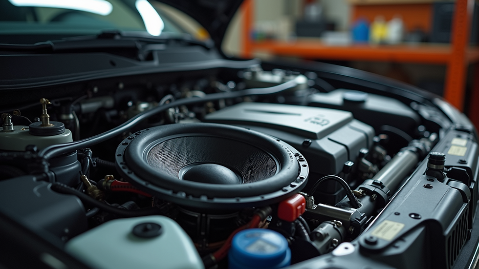 High angle view of car audio installation workshop with tools and equipment