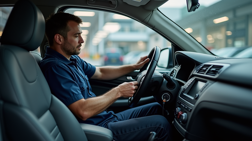 High angle view of a technician installing a car audio system inside a vehicle