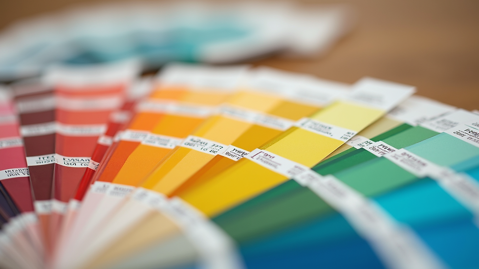 Close-up view of a color palette with paint swatches and fabric samples
