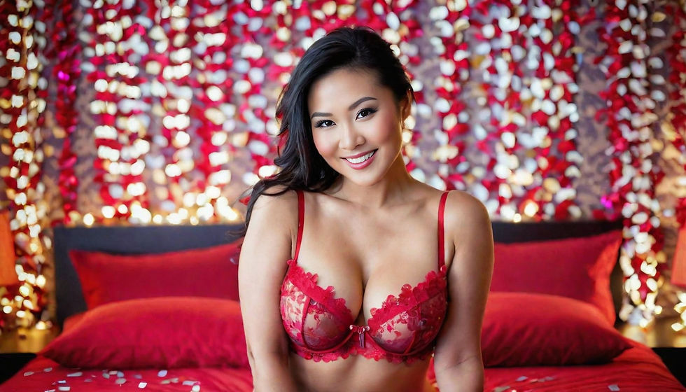 a dark haired woman in a red bra smiling during a boudoir shoot
