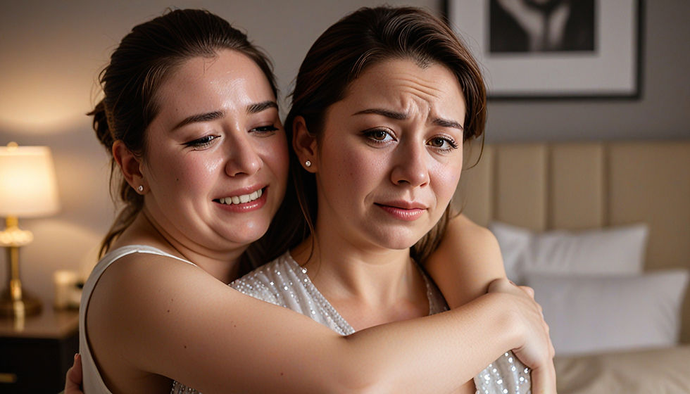 a boudoir photographer and a client crying together during an emotional "fixer" boudoir session
