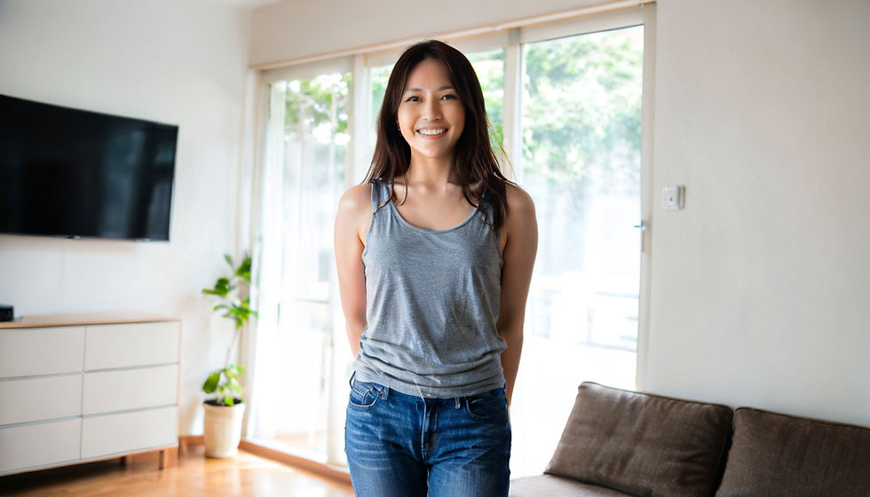 Smiling woman in a gray tank top and jeans stands in a bright living room with a TV, sofa, and potted plant. Sunlight streams through the windows.