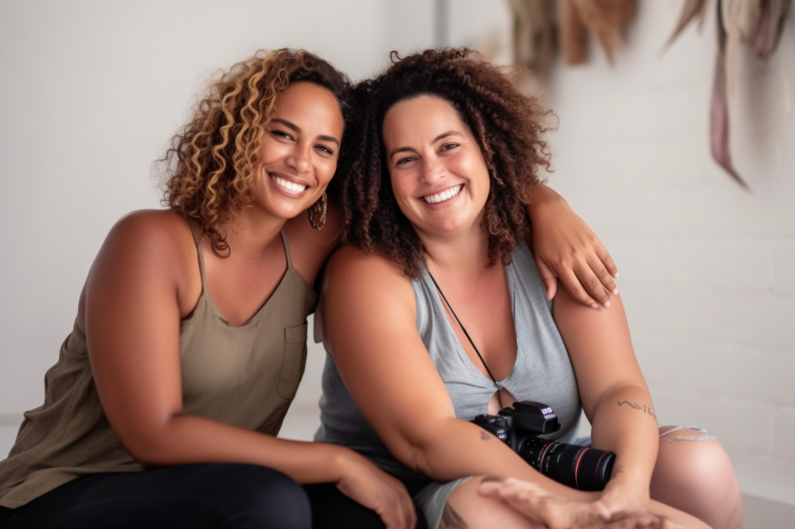 a photographer and her client smiling