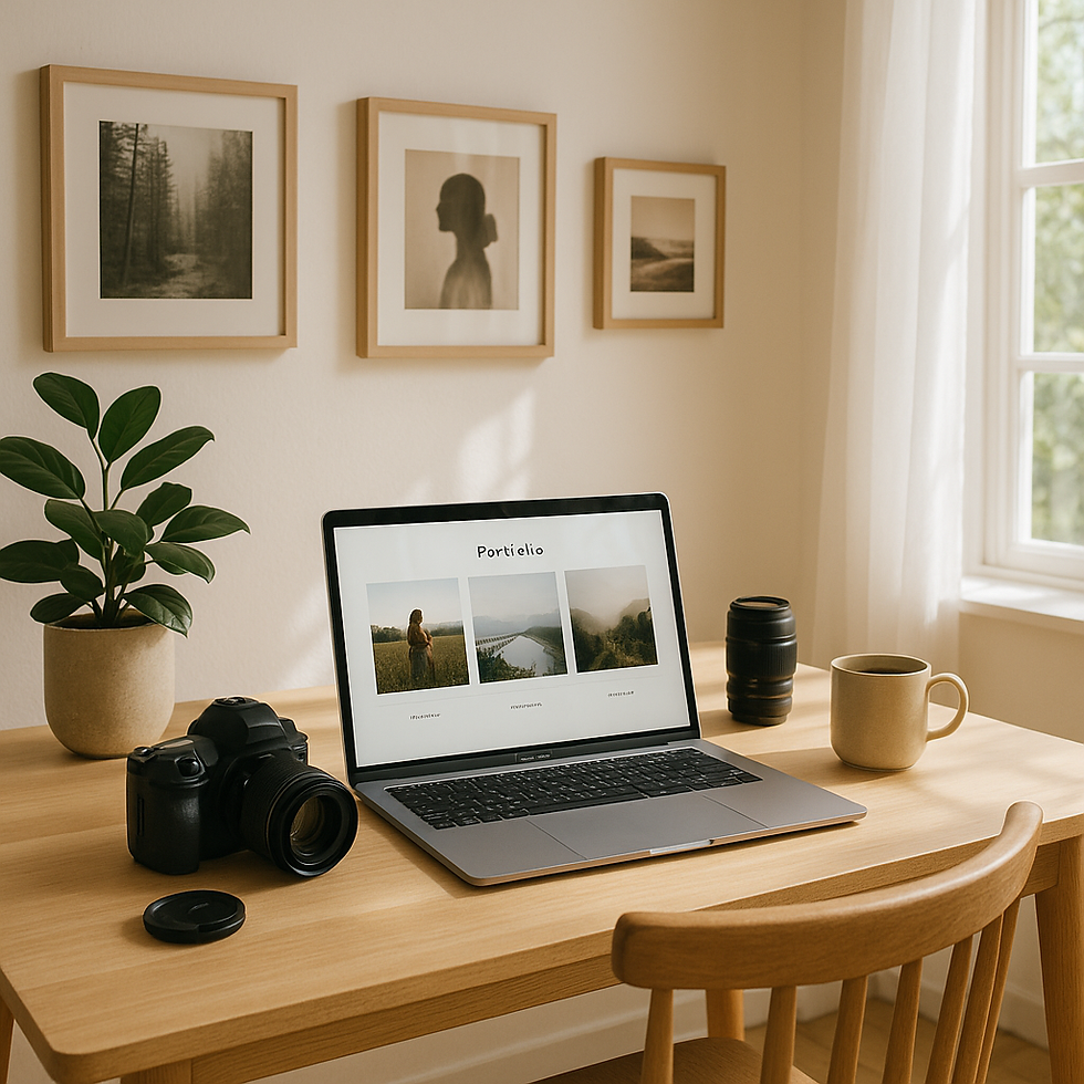 Laptop displaying a portfolio on a wooden desk with a camera, lens, mug, and plant. Framed photos on wall, window light streaming in.
