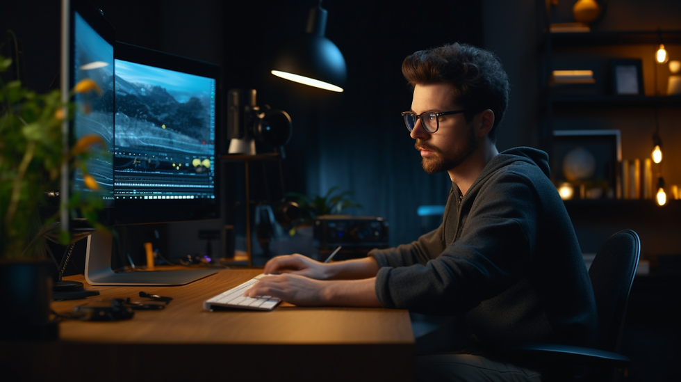 A professional videographer sitting at a sleek editing desk