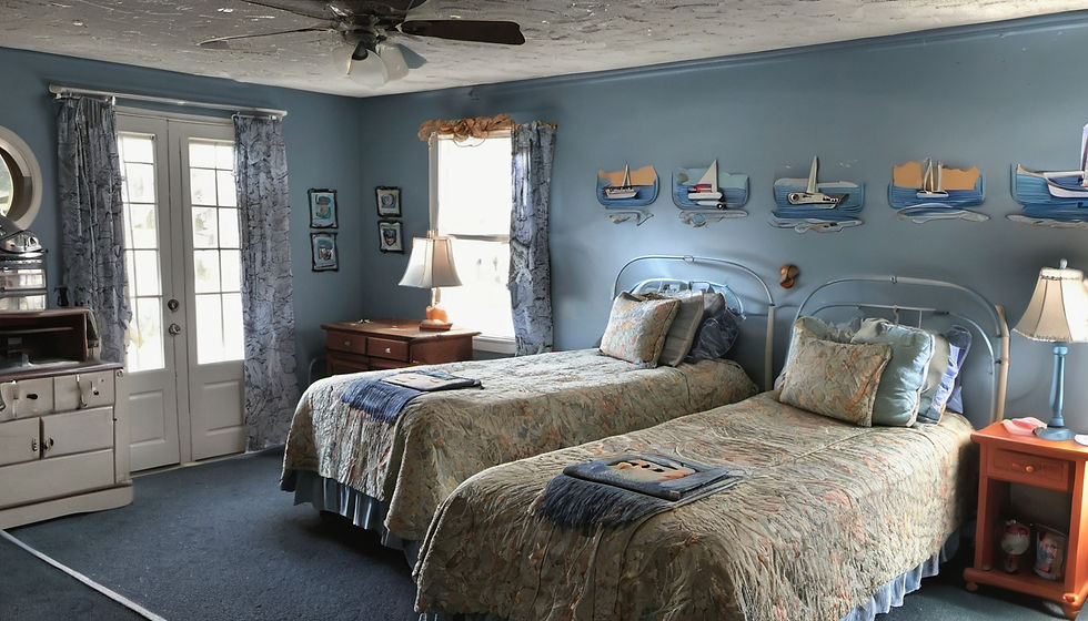 a cute shore themed bed and breakfast room