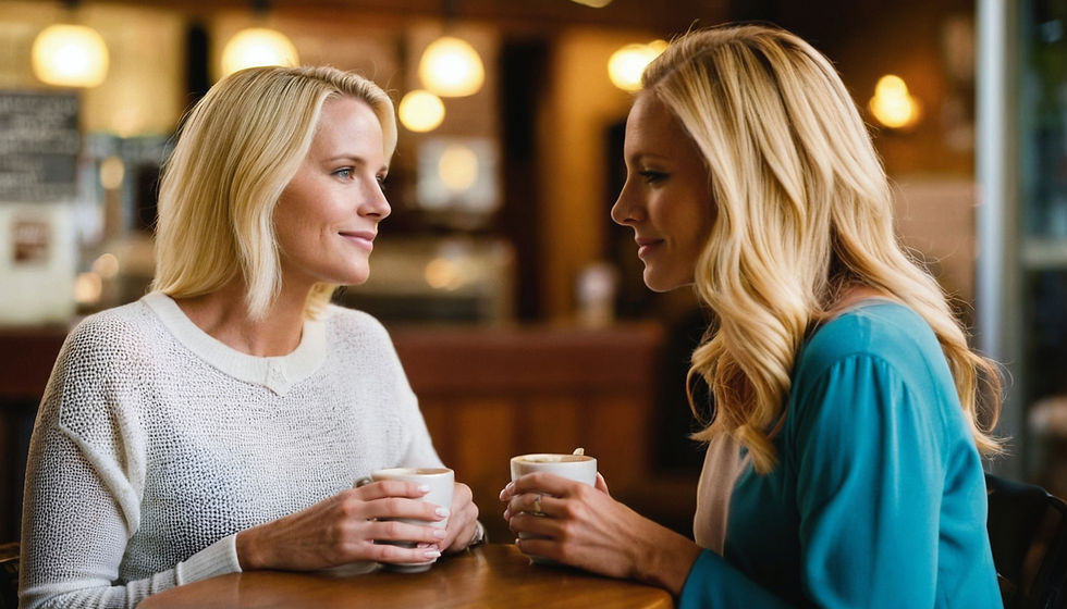 A boudoir photographer and a client with blonde hair chat over coffee in a cozy cafe. One wears a white sweater, the other a teal cardigan. Warm, ambient lighting.