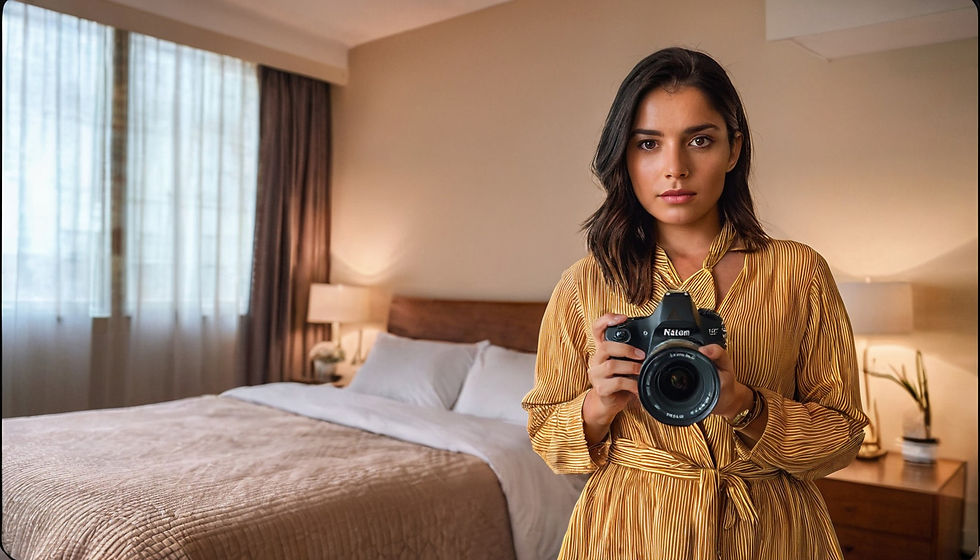 Woman in a yellow dress holds a camera in a bedroom with a bed, lamps, and curtains. She looks calm and focused.