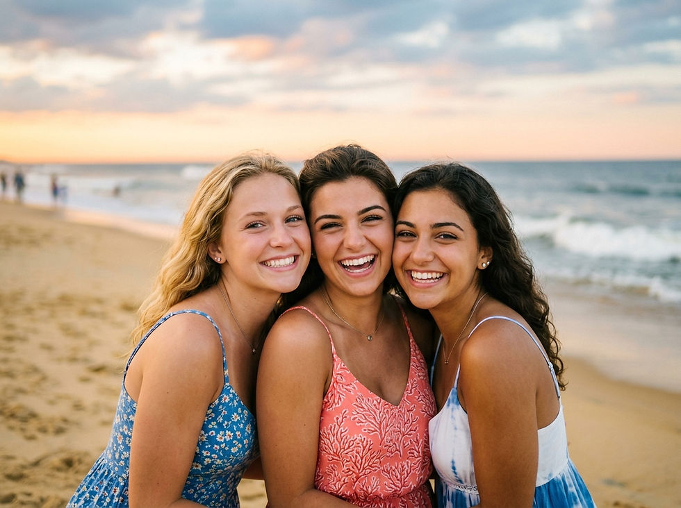 Three smiling young women hug on a beach at sunset, with ocean waves and pastel sky behind them.