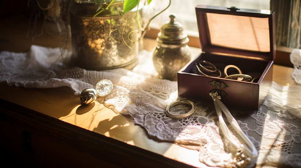 A beautifully arranged bridal boudoir scene with delicate lace lingerie, a vintage hand mirror