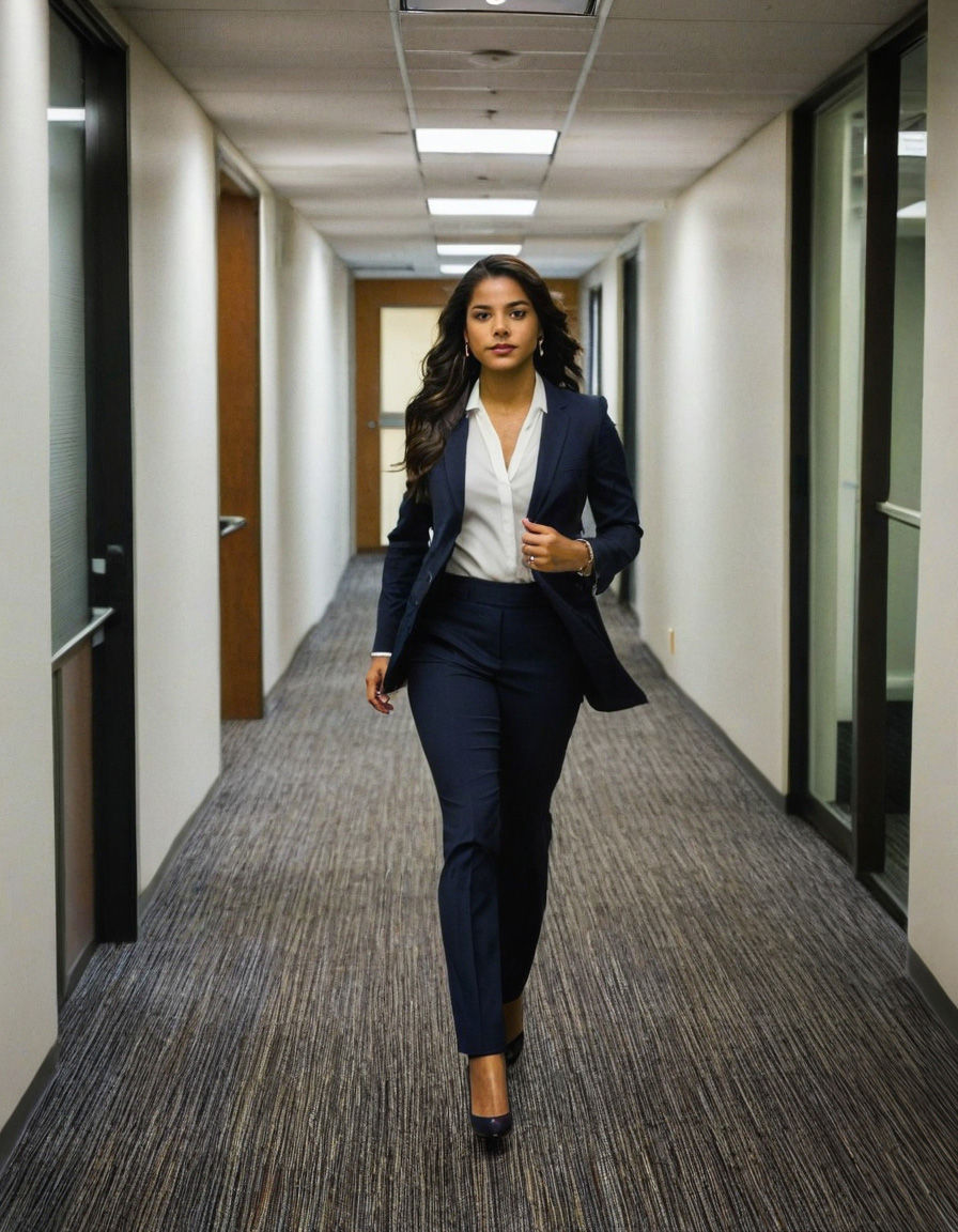 Woman in a navy suit walks confidently down a carpeted office hallway, surrounded by beige walls and overhead lighting. Calm expression.