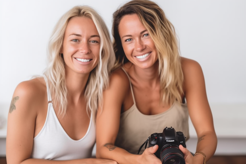 a boudoir photographer and client smiling