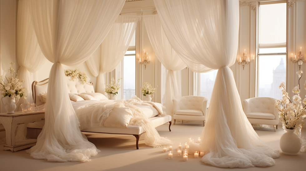 The room exudes an air of sophistication, with luxurious satin drapes, ornate furniture