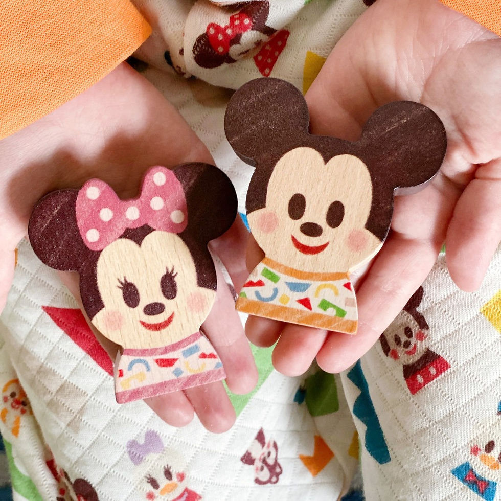 Thumbnail: Mickey and Minnie Mouse Wooden Toys with Uniqlo Disney Kidea Pajamas