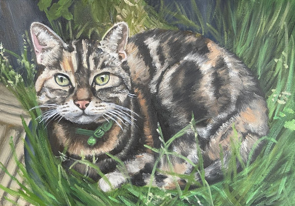 An oil painting of a tabby cat sitting in a large planting tub surrounded by grass.