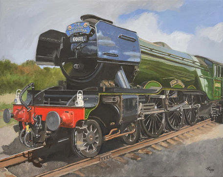 An oil painting of a steam locomotive standing stationary on tracks. It has a deep green boiler, black front end and bright red buffers.
