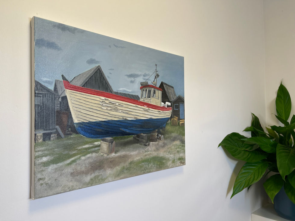 Thumbnail: Oil painting of old red, white and blue fishing boat resting on bricks