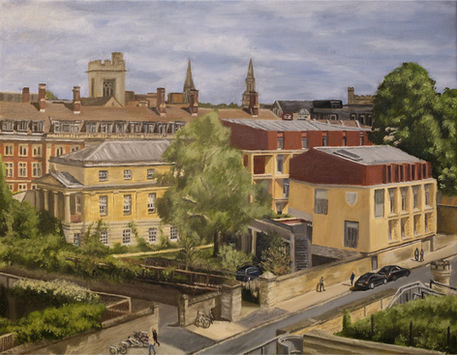 An oil painting of a group of Oxford college buildings viewed from an elevated point showing a mixture of old and new architecture.
